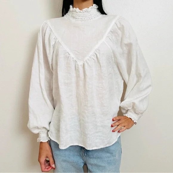 DISSH Linen Blouse Top White High Neck Long Sleeve Boho - Picture 2 of 12